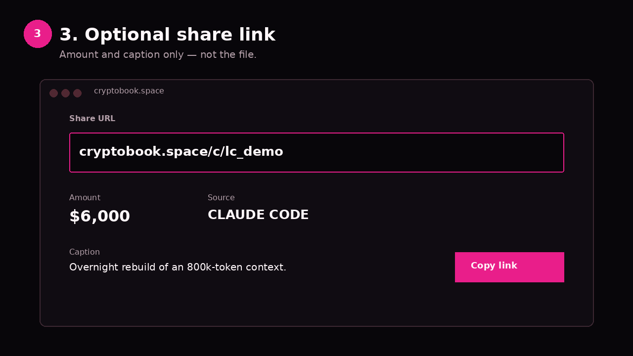 Step 3: optional share URL with amount and caption